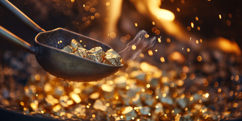 Hand hold tong over gold nugget fiery furnace smelting refining process precious metal.