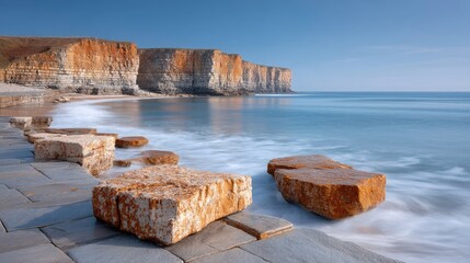 Rugged Rocky Cliffs Overlooking a Calm Blue Sea on a Sunny Day with Jagged Stone Fragments in the Foreground
