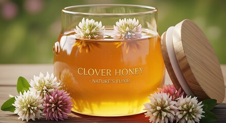 Clover Honey Jar with Flowers - A Natural Sweet Treat.