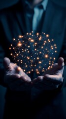A person in a suit holds a glowing interconnected network of lights in their hands symbolizing technology innovation and the future of digital connections