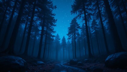 mysterious nighttime forest scene with tall trees under a starry sky and a winding path
