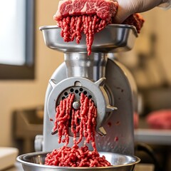 Ground beef production - A close-up of meat being processed.