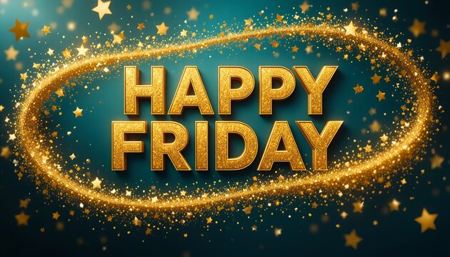 Golden sparkling happy friday text surrounded by glowing star particles and glitter on teal