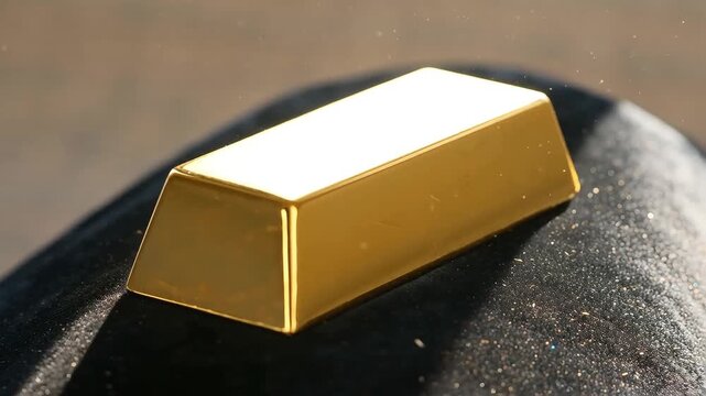 Single rectangular solid highly reflective gold bar or ingot resting on dark black velvet fabric with falling dust particles