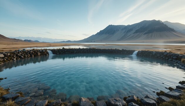 Natural stone-bordered hot spring pool with mountain backdrop and clear sky in remote wilderness