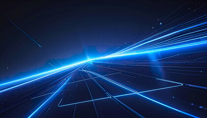 Blue light streaks with abstract digital lines and shapes create futuristic technology background with diagonal perspective and glowing effects, evoking speed and innovation