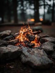 Warm Evening Campfire Surrounded by Trees in a Tranquil Outdoor Setting