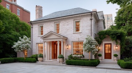 Obraz premium Elegant White Brick Manor House In Classic European Style Surrounded By Lush Green Trees And Manicured Bushes With Warm Interior Lighting On A Clear Evening