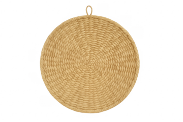 Round woven placemat with hanging loop on transparent background