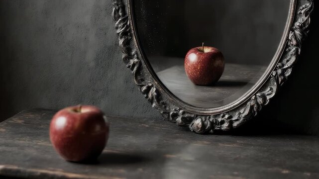 Red apple on dark wood, reflecting in an ornate oval mirror against a textured gray background