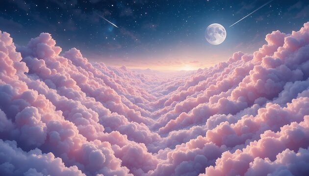 majestic view of soft pink clouds extending toward a glowing full moon on a starry night sky
