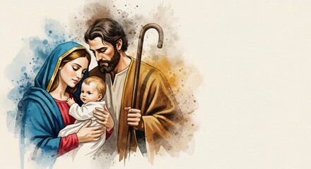 Holy Family Portrait Jesus Mary Joseph Nativity Biblical Art Christian Faith Watercolor Illustration With Copy Space