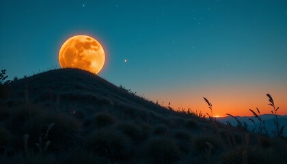 Bright full moon rising over a grassy hill with clear starry night and colorful sunset sky