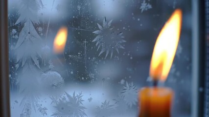 A lit candle casts a warm glow on a frosted windowpane with intricate ice crystals. - Powered by Adobe