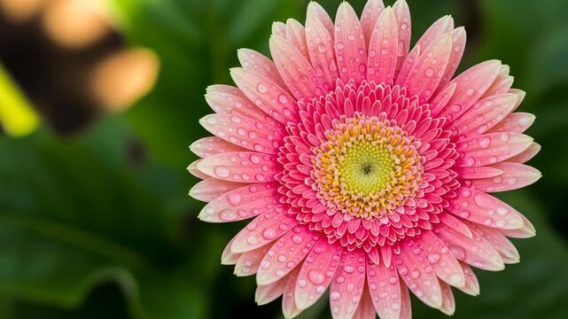 Pink gerbera daisy with water droplets, center view, blurred background