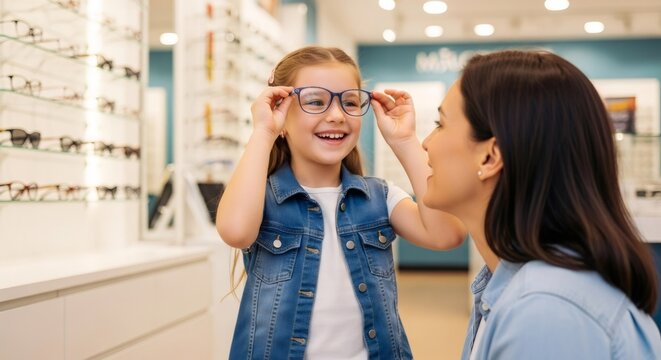 Happy little caucasian girl trying on new stylish frame glasses in optical store with her mother. Children vision correction and eye health concept. - Powered by Adobe