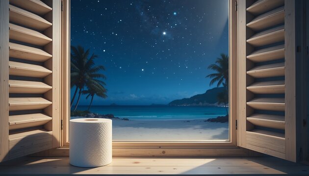 Fototapeta peaceful night sky over tropical beach seen through open wooden window shutters with roll of paper