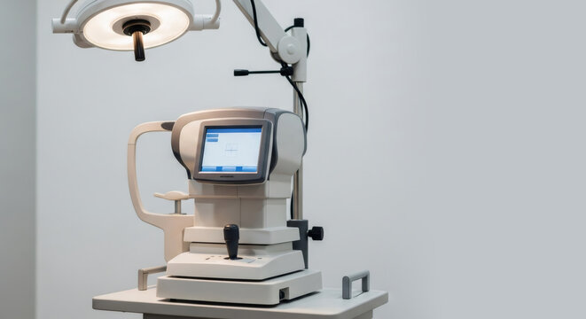 Auto refractometer and ophthalmology examination. Modern equipment for vision test. Healthcare technology for eye care.