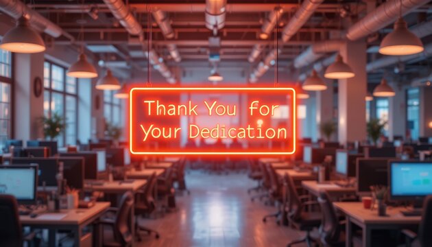 Modern office workspace with neon sign expressing gratitude for dedication and hard work inside an