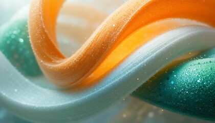 Close up of colorful shimmering fluid ribbons intertwining with textured surface in soft lighting