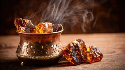 burner. Amber resin pieces and a copper incense burner on a rustic wooden table. event programs, museum guides, designed for cultural heritage projects and event programs, used by policy analysts.