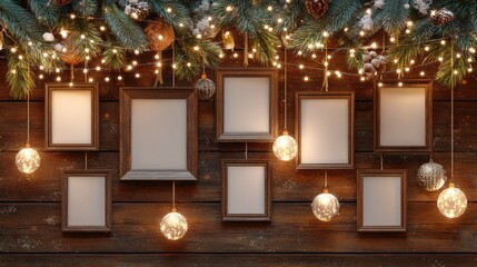 Rustic Christmas Decor with Empty Frames and Hanging Ornaments