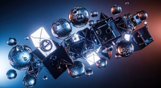 Futuristic abstract background with a dynamic cluster of wet metallic geometric shapes illuminated by contrasting blue and orange neon lights