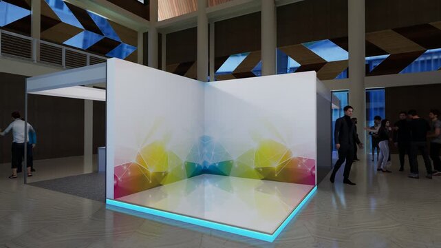 3D illustration stand booth 3x3 m phasing animation showing modern exhibition stand with LED lighting, reception counter, and clean design, perfect for trade show and event presentation.