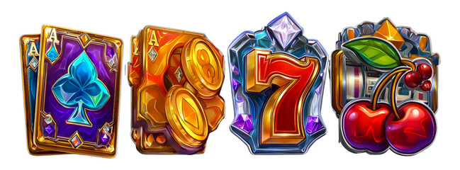 Vibrant Slot Machine Icons with Playing Cards, Coins, and Fruit Elements