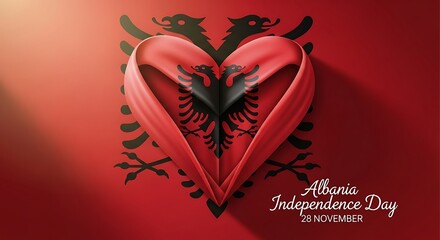 Albania Independence Day: Heart-Shaped Ribbon with Double-Headed Eagle on Red Background