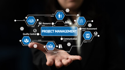 A professional hand showcasing project management icons emphasizes concepts like communication and risk assessment, highlighting the importance of strategic planning and teamwork. Tessel