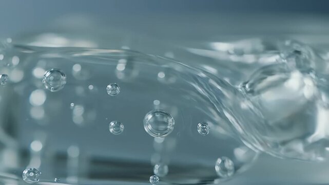 Clear cosmetic serum pouring with bubbles macro view.