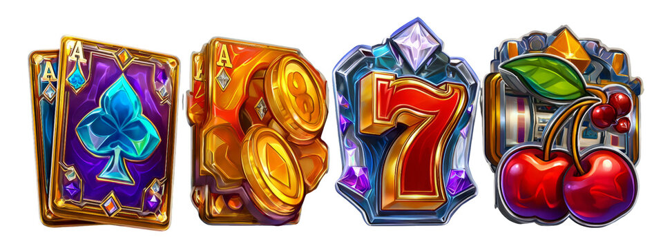Vibrant Slot Machine Icons with Playing Cards, Coins, and Fruit Elements