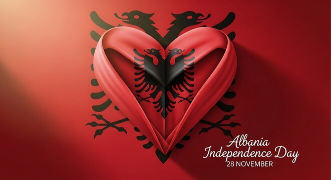 Albania Independence Day: Heart-Shaped Ribbon with Double-Headed Eagle on Red Background