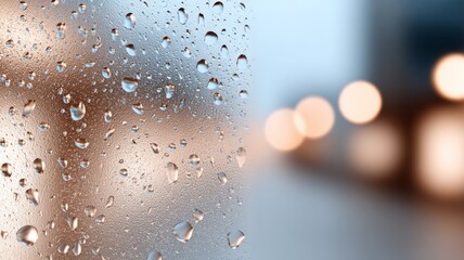 Close-up of raindrops on frosted glass with warm city lights bokeh in the background, abstract rainy window scene