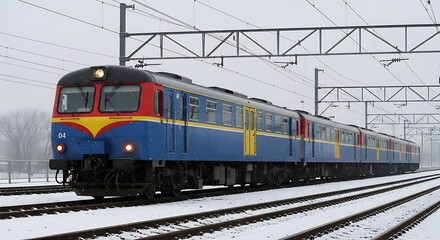 Winter Train Journey - A Blue Train Navigating Snowy Tracks.