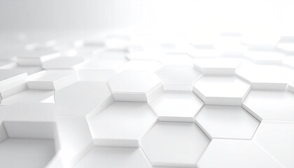 White hexagonal pattern with subtle ambient lighting and 3D geometric shapes creating modern abstract background with depth and texture in clean design