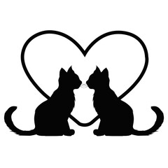 Silhouette of two cats sitting face to face with heart shape. Romantic feline couple illustration. Cute cat love concept