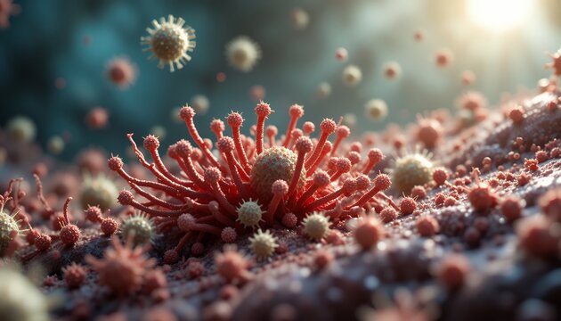 Close up detailed 3d rendering of virus particles interacting on a surface in microscopic view