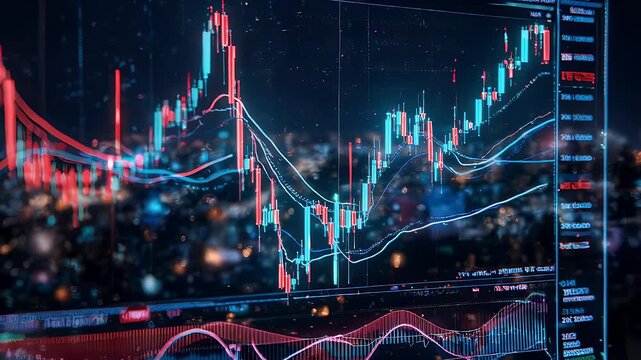 Financial data chart displays a market analysis, with red and blue lines over a blurred city backdrop
