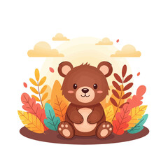 A cute cartoon bear sitting among colorful autumn leaves and fluffy clouds.