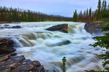 Athabasca Falls Powerful Waterfall and Rocky River Landscape with Forest
