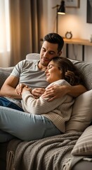 Obraz premium Cozy Couple Embracing on Sofa in Warm Living Room.
