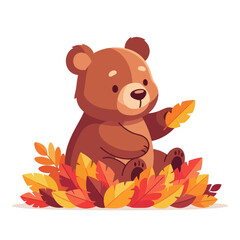 A cute cartoon brown bear cub sitting in a pile of colorful red, orange, and yellow autumn leaves on a white background.