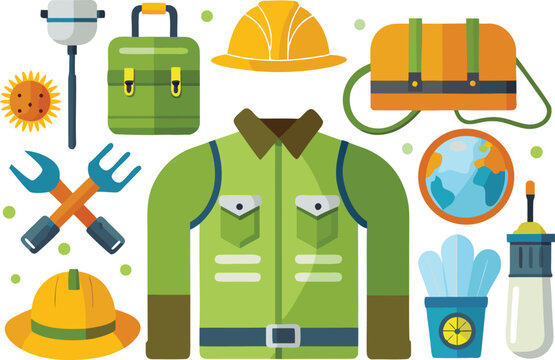 Construction worker's outfit with tools and safety equipment in bright, modern vector design perfect for safety campaigns and construction industry marketing