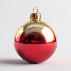 Red and gold Christmas ornament ball with glossy finish on white background.