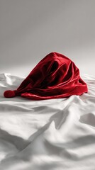 Santa hat on soft white fabric background with realistic lighting and shadows.