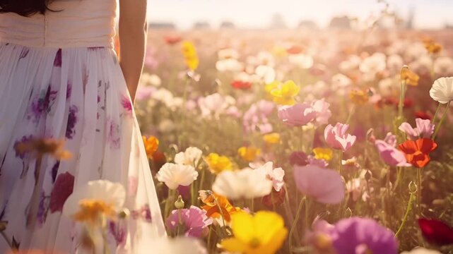 A woman in a floral dress stands amidst a field of flowers, her back to the viewer. The sun casts a warm, golden hue over the scene.