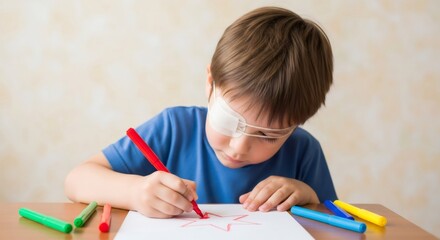 Child with an eye patch drawing a red star. Pediatric vision impairment treatment for amblyopia and strabismus. Ophthalmological care concept.