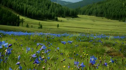 Lush green valley with blue flowers